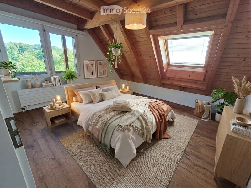 Cozy, well-lit bedroom with wooden beams, large windows, a neatly made bed, nightstands, and decorative plants.