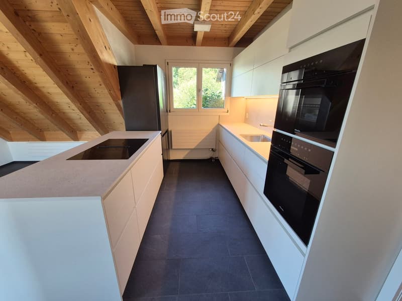 Modern kitchen with white cabinets, dark countertops, and stainless steel appliances including a refrigerator, oven, and sink. The space features a wooden slanted ceiling and large windows.