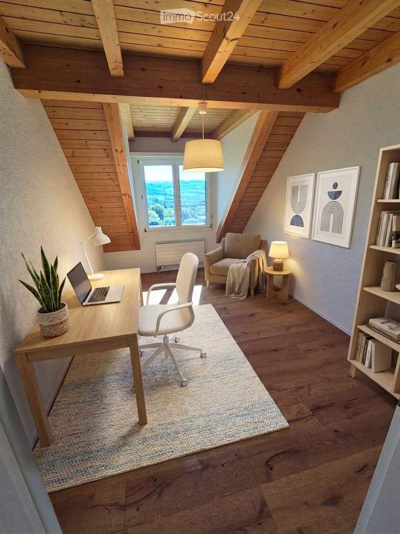 Cozy attic room with wooden beams, large window offering a scenic view, a desk with a laptop, a white ergonomic chair, a small sofa with a throw blanket, a side table with a lamp, a bookshelf filled with books, and a potted plant.