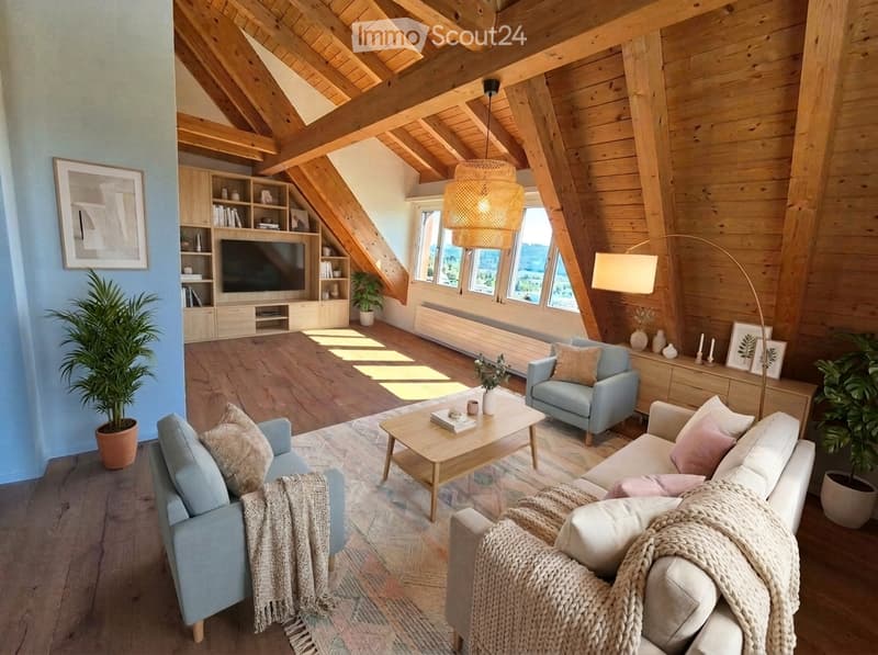 Modern living room with wooden beams, exposed wooden ceiling, large windows, light blue sofa, coffee table, armchair, floor lamp, TV stand, bookshelf, and decorative plants.
