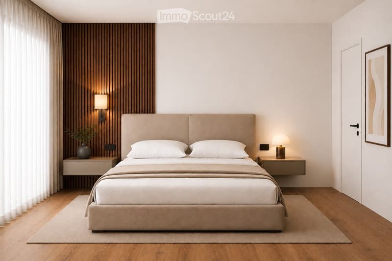 Modern bedroom with a large bed, nightstands, lamps, a vase with plants, and a framed picture on the wall.