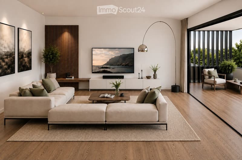 Modern living room with a sectional sofa, coffee table, armchair, floor lamp, television, and decorative items.