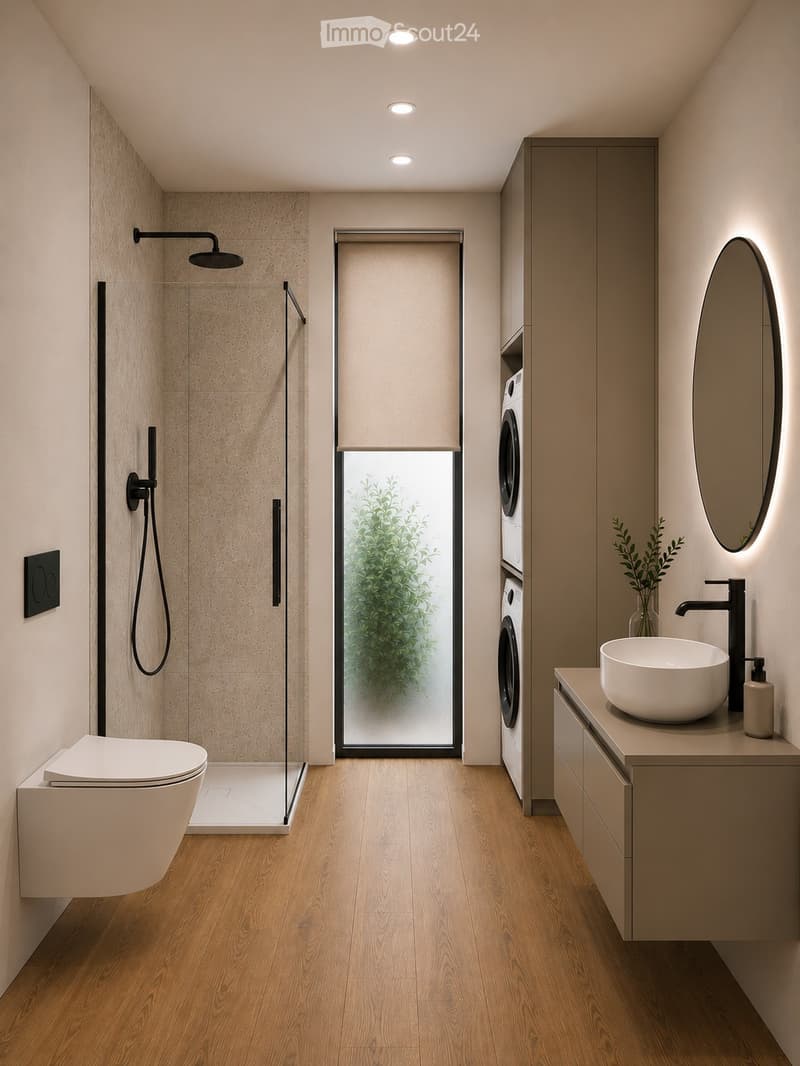Modern bathroom with wooden flooring, a toilet, a sink with a modern faucet, a large mirror, a shower area with a glass enclosure, and a washing machine. The space features recessed ceiling lights and a sleek, contemporary design.