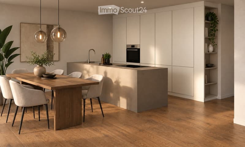 Modern kitchen with white cabinets, wooden island, pendant lights, and a dining area with a wooden table and chairs.