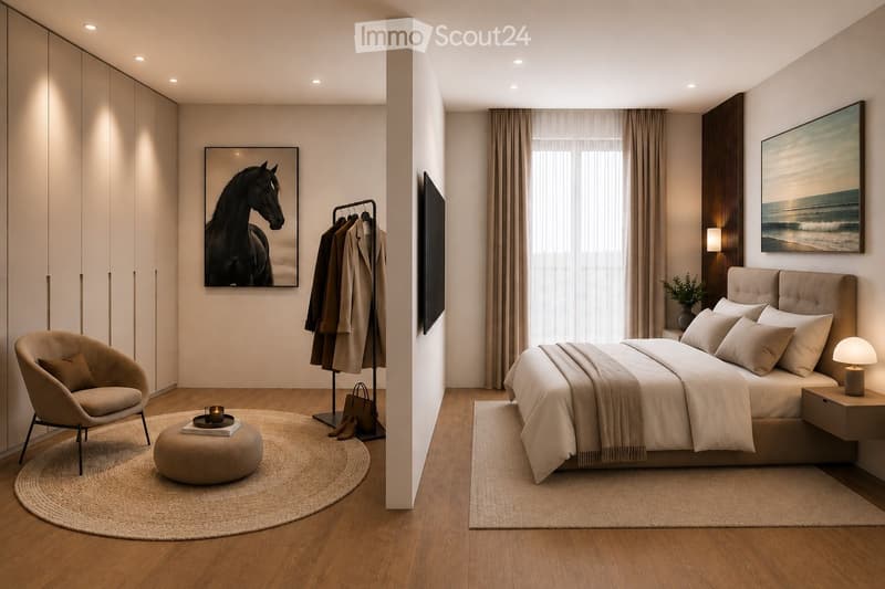 Modern bedroom with a large bed, nightstand, lamp, armchair, ottoman, and artwork on the walls. The room features wooden flooring, large windows with curtains, and a wardrobe with hanging clothes.