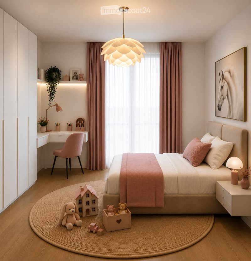 A well-lit bedroom with a large bed, nightstand, desk, and chair. The room features a round rug, a hanging pendant light, and decorative items including a picture frame and a plant.