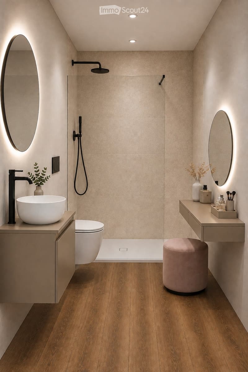 Modern bathroom with wooden flooring, a large sink with a modern faucet, a toilet, a shower area with a sleek showerhead, two oval mirrors with built-in lighting, a pink upholstered stool, and a vanity with cosmetics and a vase.