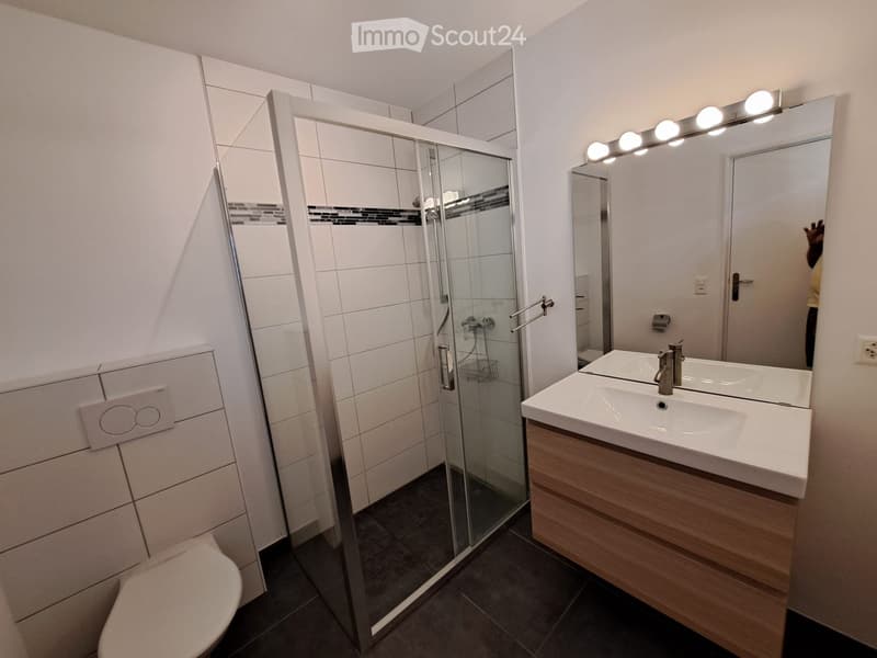 Modern bathroom with a glass-enclosed shower, double sink vanity, and a toilet. Features include a large mirror with built-in lighting and a sleek, contemporary design.