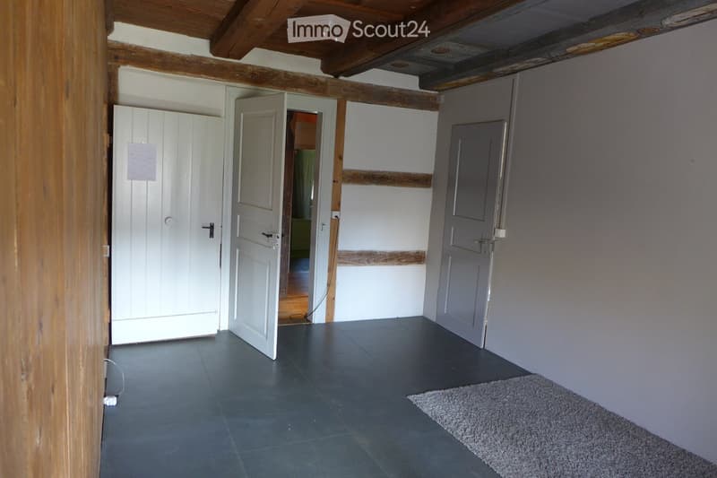 Empty room with exposed wooden beams, grey tiled floor, and grey walls. Features include a white closet, an open doorway leading to another room, and a small grey rug on the floor.