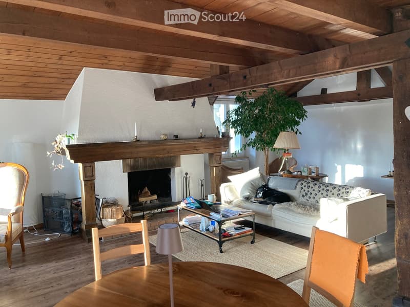 Cozy living room with exposed wooden beams, a fireplace, a sofa with a dog, a coffee table, and wooden chairs around a dining table.