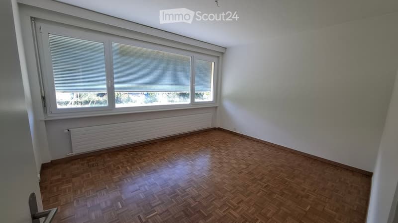 Empty room with wooden parquet flooring, white walls, large window with blinds, and radiator below the window.