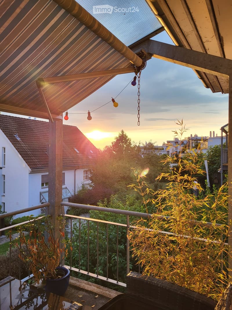 Balcony with a striped awning, string lights, and potted plants, overlooking a garden and neighboring houses during sunset.