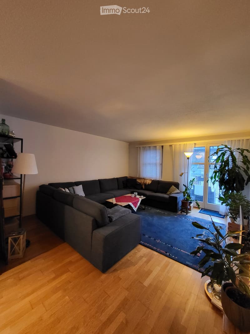Modern living room with wooden flooring, large sectional sofa, coffee table with a red cloth, floor lamp, side table, and potted plants.