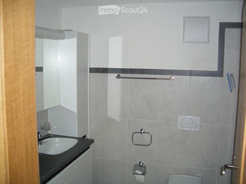 Modern bathroom with grey tiles, a white sink, a mirror, a toilet, and a towel rack.