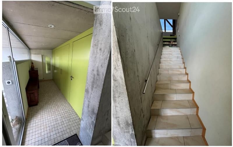 Two images showing a modern hallway and staircase. The hallway features green cabinets, a wooden bench, and a tiled floor. The staircase has concrete walls and a metal handrail.