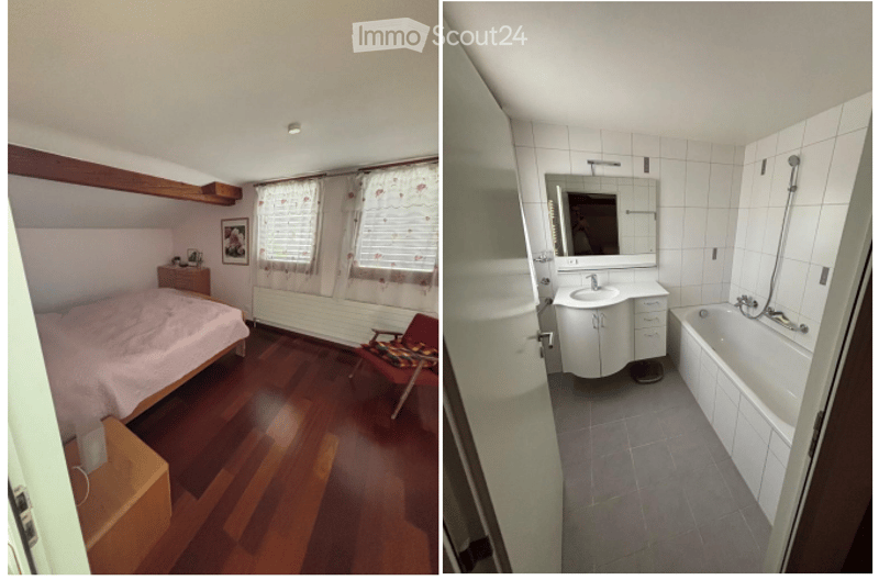The left image shows a cozy bedroom with wooden flooring, a bed with a pink bedspread, a wooden nightstand, a red chair, and a picture frame on the wall. The right image shows a modern bathroom with white tiles, a bathtub, a sink with a cabinet, and a mir