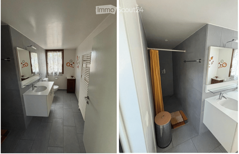 Two bathrooms shown: one with a white sink, mirror, toilet, and radiator; the other with a white sink, mirror, shower curtain, and trash bin.