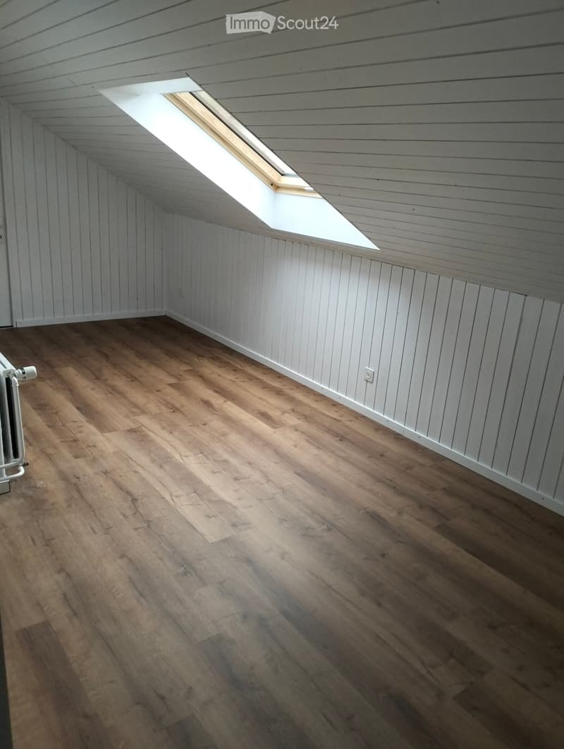 Empty attic space with wooden flooring, white paneled walls, and a skylight window allowing natural light.
