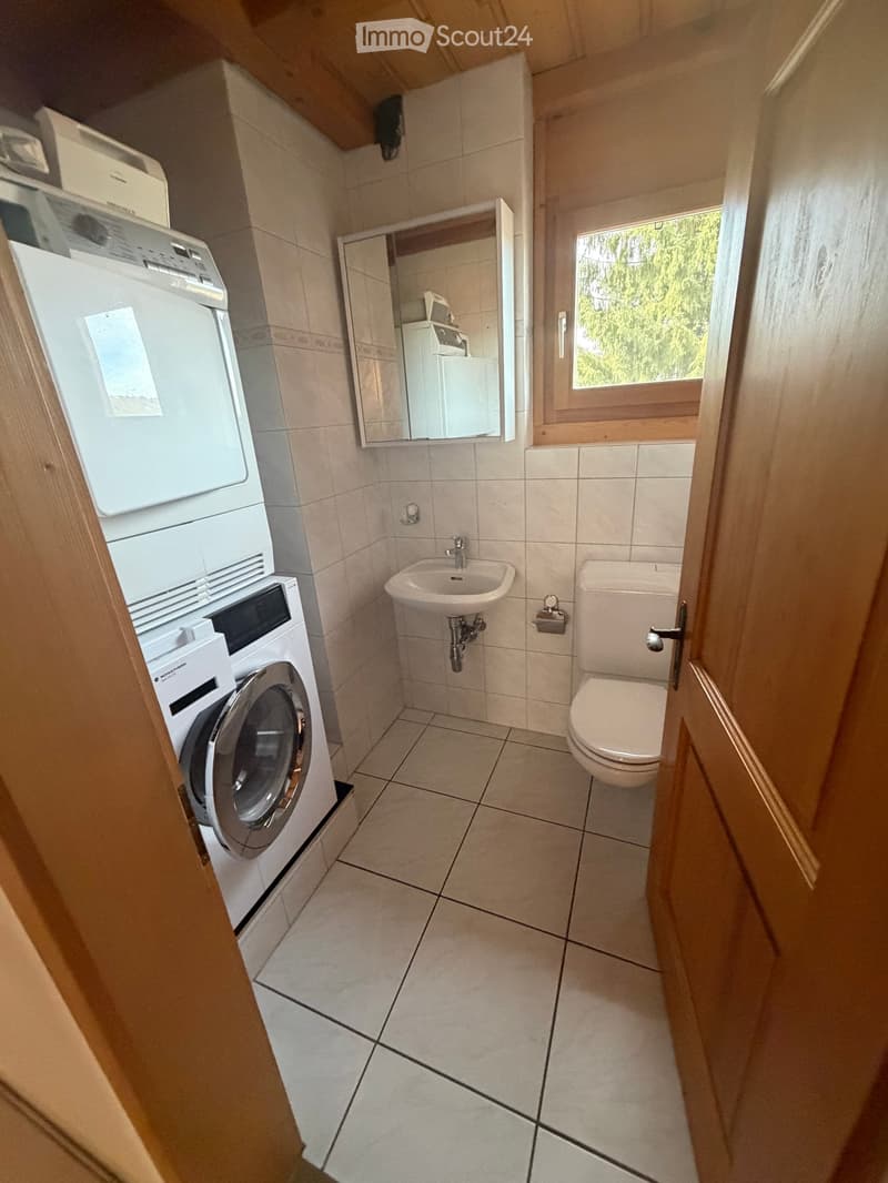 Compact bathroom with a toilet, sink, washing machine, and a mirror above the sink. The room has tiled walls and floor, and a window provides natural light.