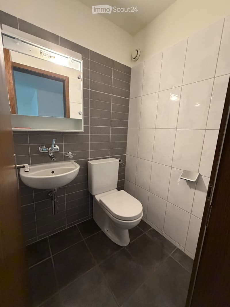 Modern bathroom with dark grey tiles, white toilet, sink, and a mirror with built-in lighting above it.