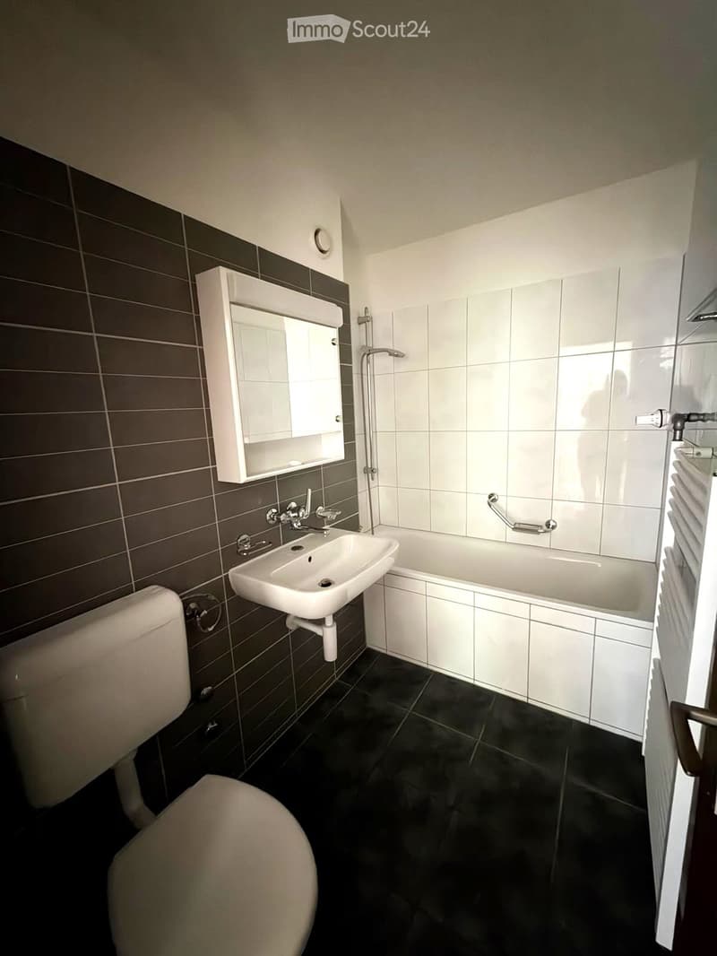 Modern bathroom with dark tiled walls, white bathtub, sink, toilet, and a built-in mirror cabinet.