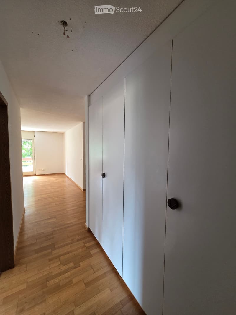 Empty hallway with wooden flooring, white walls, and built-in cabinets on one side. Natural light streams in from an open door at the end.