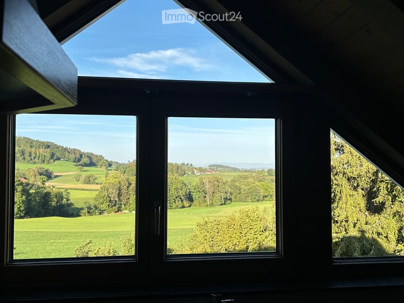 Room with large windows offering a scenic view of green fields and trees, with a slanted wooden ceiling and dark walls.
