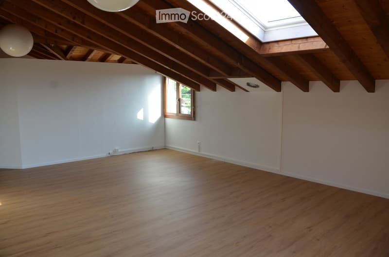 Empty attic space with wooden floors, white walls, exposed wooden beams, skylight, and a small window letting in natural light.