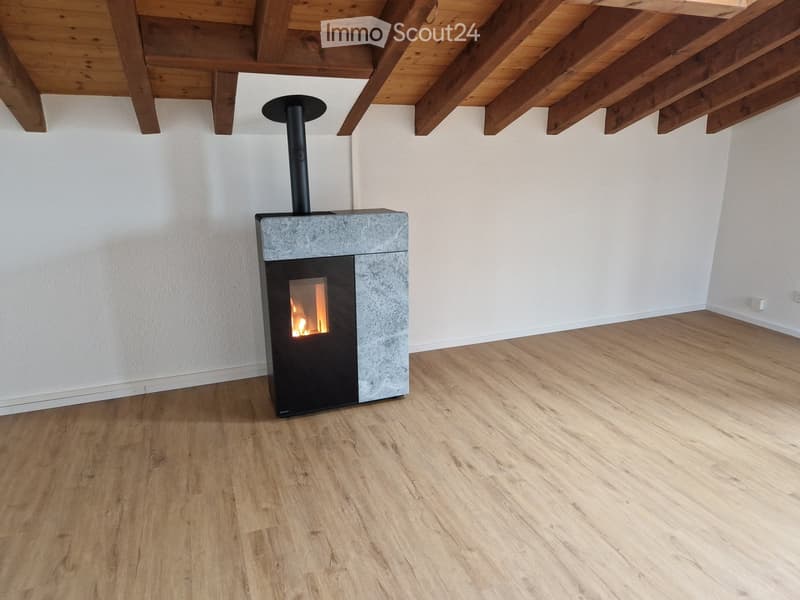 Empty room with wooden flooring, white walls, and a modern fireplace with a visible flame.