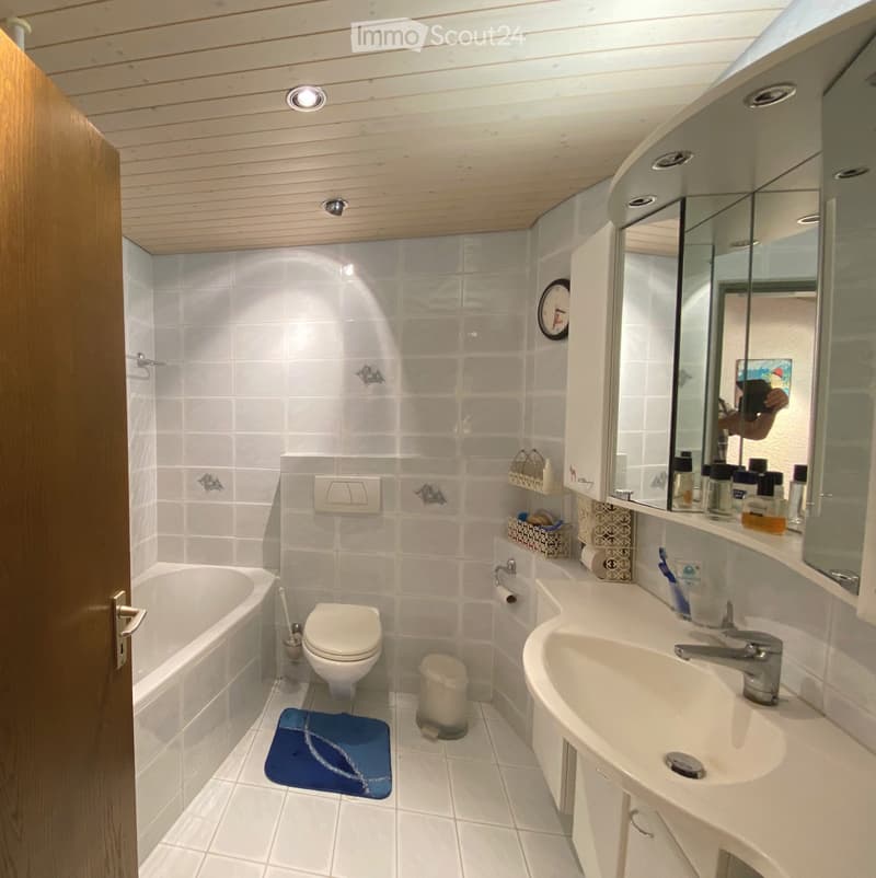 Compact bathroom with a sink, toilet, shower, and a mirror. The floor is wooden, and the walls are tiled.