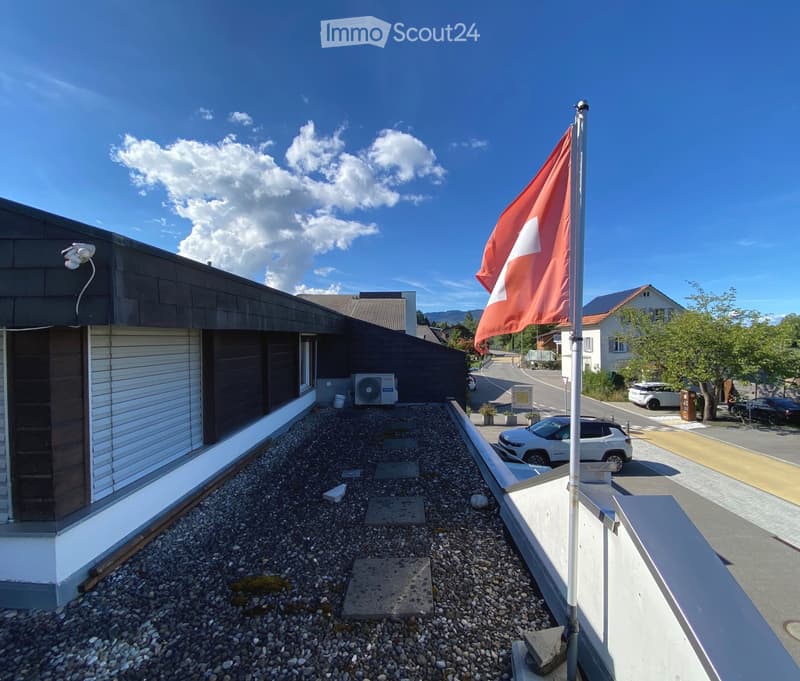 Modern building exterior with a garage, air conditioning unit, and a Swiss flag on a pole.