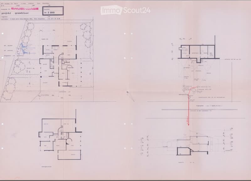 Architectural floor plan showing multiple rooms including living room, kitchen, bedrooms, bathrooms, and outdoor spaces.