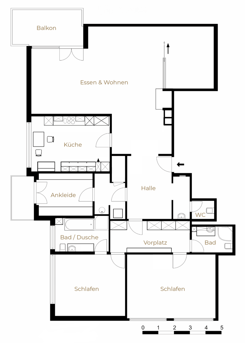 Floor plan of a 2-bedroom apartment with a kitchen, living/dining area, hallway, two bathrooms, and a balcony.