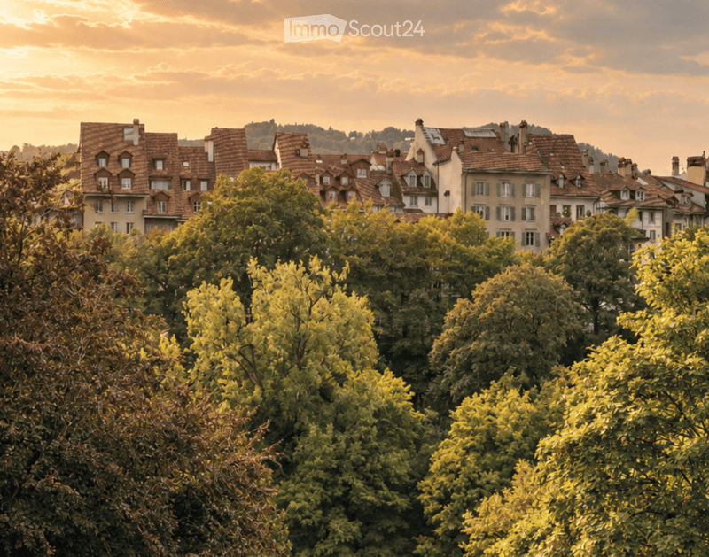 A scenic view of a cityscape with multiple buildings featuring red-tiled roofs and white facades, surrounded by lush green trees under a warm sunset sky.