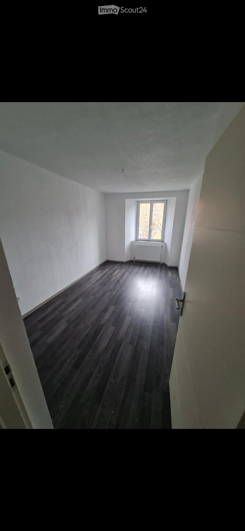 Empty room with dark wooden flooring, white walls, and a single window with a radiator below it.