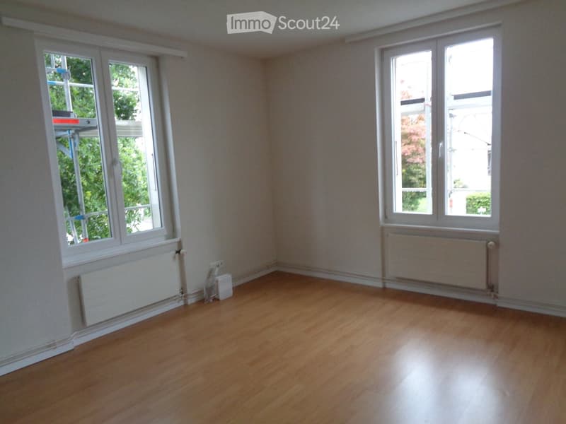 Empty room with wooden flooring, white walls, and large windows with radiators beneath them.