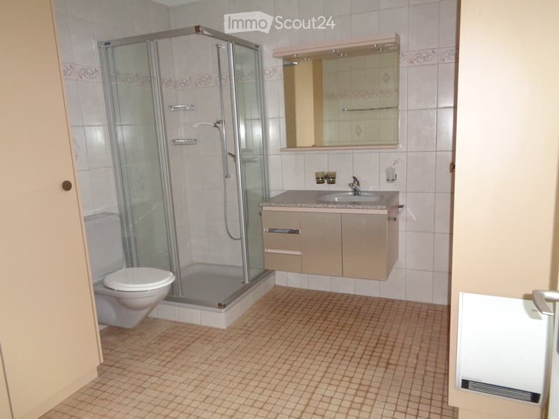 Modern bathroom with a tiled shower stall, a toilet, a sink with a mirrored cabinet, and a tiled floor.