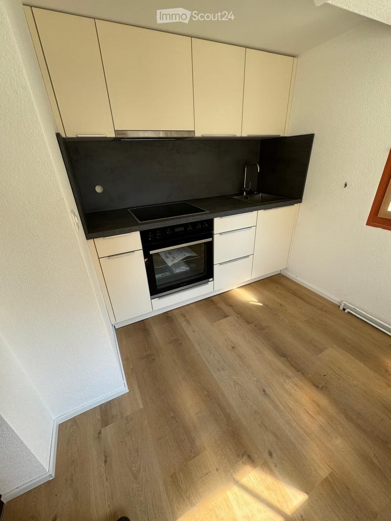 Empty kitchen, white cabinets, countertop, sink, oven, wooden floor