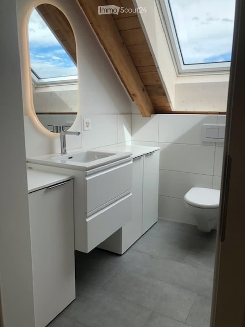 Modern bathroom with white tiles, a sink with a sleek faucet, a round mirror, built-in cabinets, and a toilet. The room features exposed wooden beams and skylights.