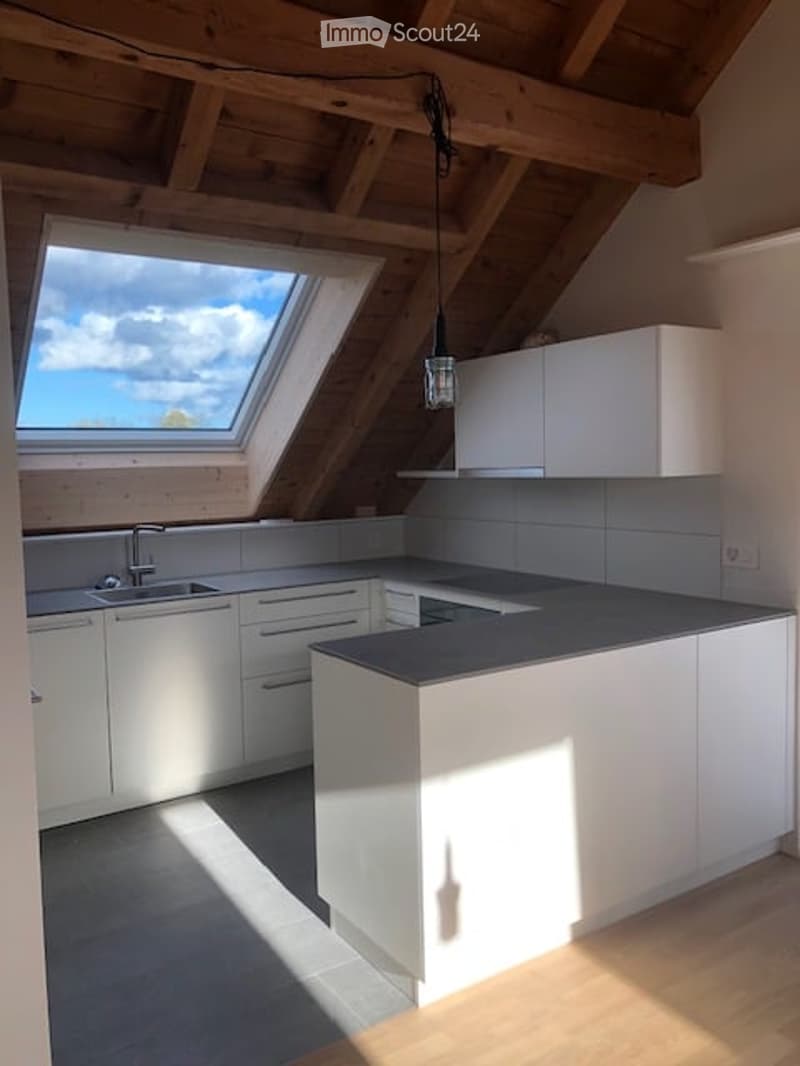 Modern kitchen with white cabinets, dark countertop, and skylight window above the sink.