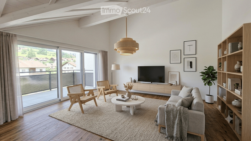Modern living room with large windows offering a scenic view, featuring a grey sofa, coffee table, wooden chairs, a TV, bookshelf, and a potted plant.