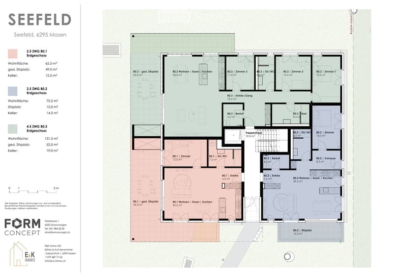 Floor plan of a multi-unit building with three apartments, including living spaces, bedrooms, kitchens, bathrooms, and entrances.