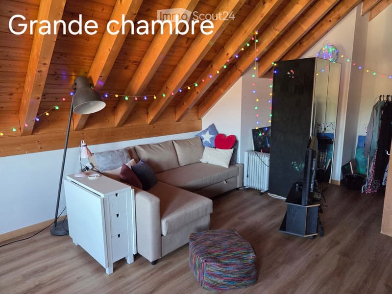 Cozy attic room with wooden slanted ceilings, a grey sectional sofa, colorful cushions, a white side table, a floor lamp, a colorful pouf, a TV on a stand, and a mirror.