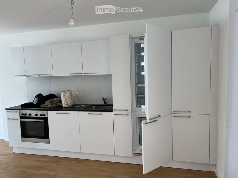 Modern kitchen with white cabinets, stainless steel oven, refrigerator, and sink. Countertop has a black surface with a few items placed on it.