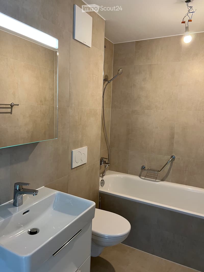 Modern bathroom with a white sink, chrome faucet, toilet, bathtub with a handheld showerhead, and a large mirror. Beige tiles and a built-in light fixture are visible.