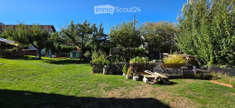 Lush garden with green grass, trees, a wooden fence, and various garden items including a wheelbarrow, raised beds, and potted plants.