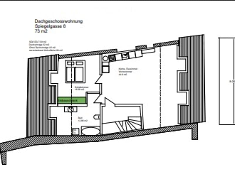 Floor plan of a 73 square meter apartment with a living room, kitchen, two bedrooms, and two bathrooms.