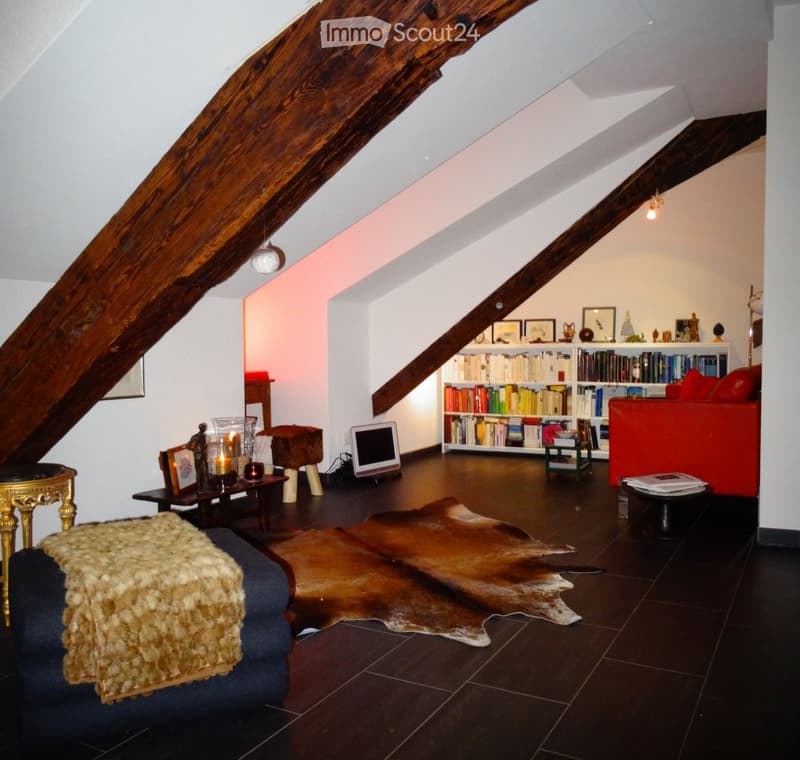 Living room with dark wooden floor, red sofa, bookshelf, small table with candles, and a cowhide rug.