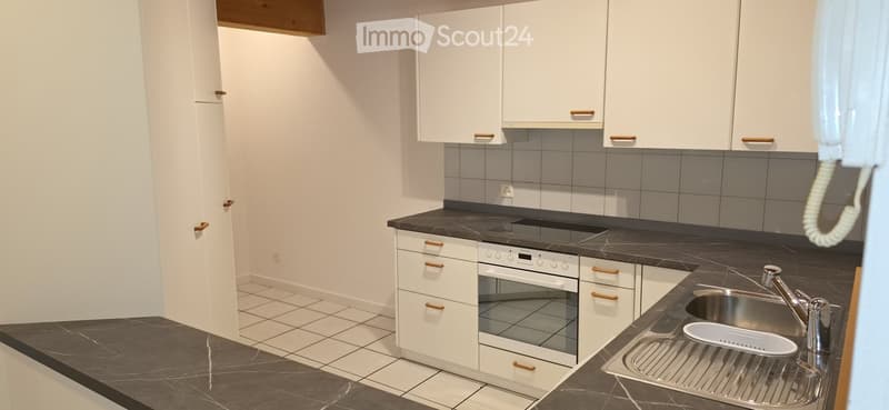 Modern kitchen with white cabinets, dark countertops, stainless steel sink, and built-in oven.