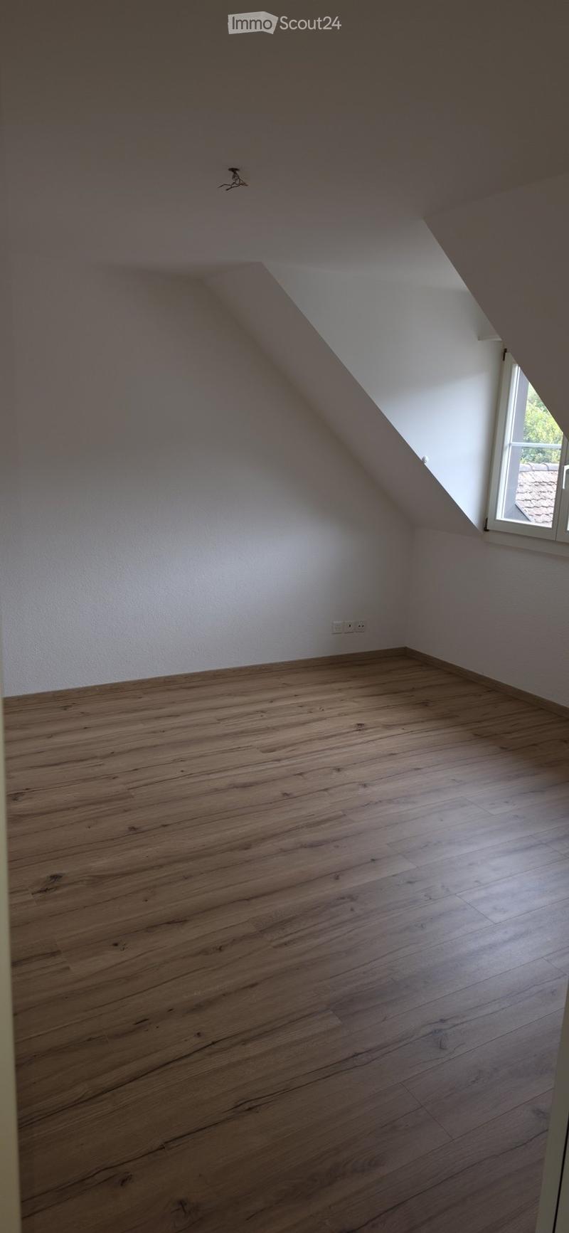 Empty attic room with wooden flooring, white walls, and a small window letting in natural light.
